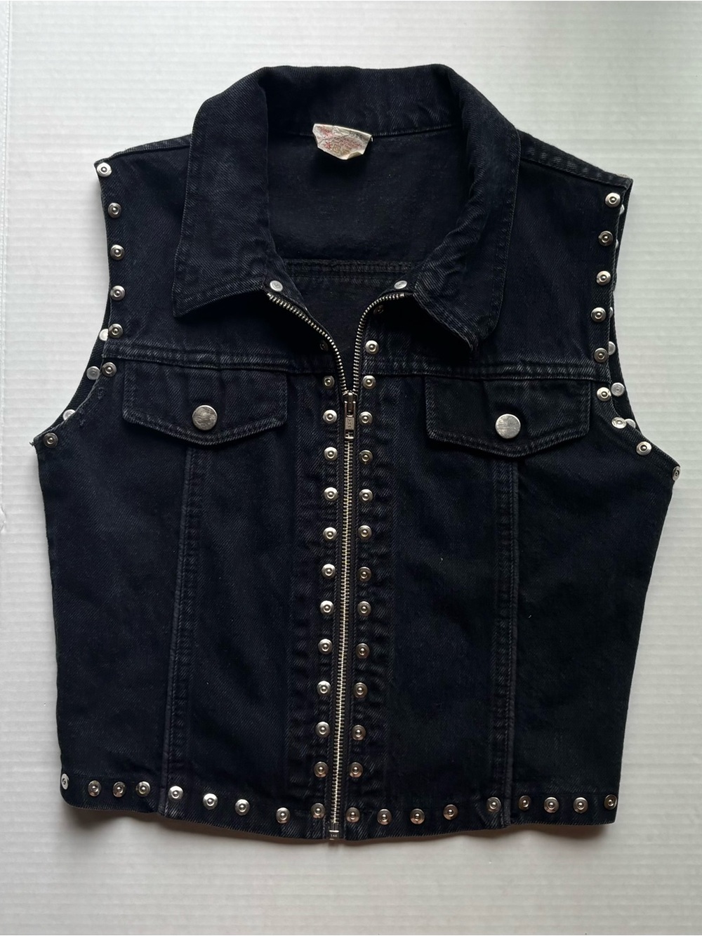 Black denim jacket studded sleeveless vest bikercore moto punk grunge rock alt